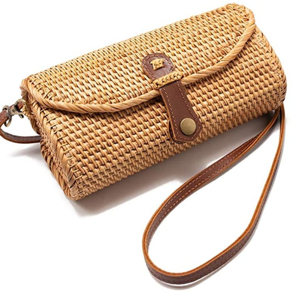 Handwoven Straw Clutch Wristlet in Natural Tan with Leather Trim